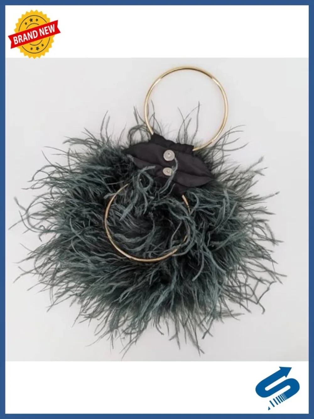Natural Ostrich Feather Round Clutch Mini Handbag Evening Purse